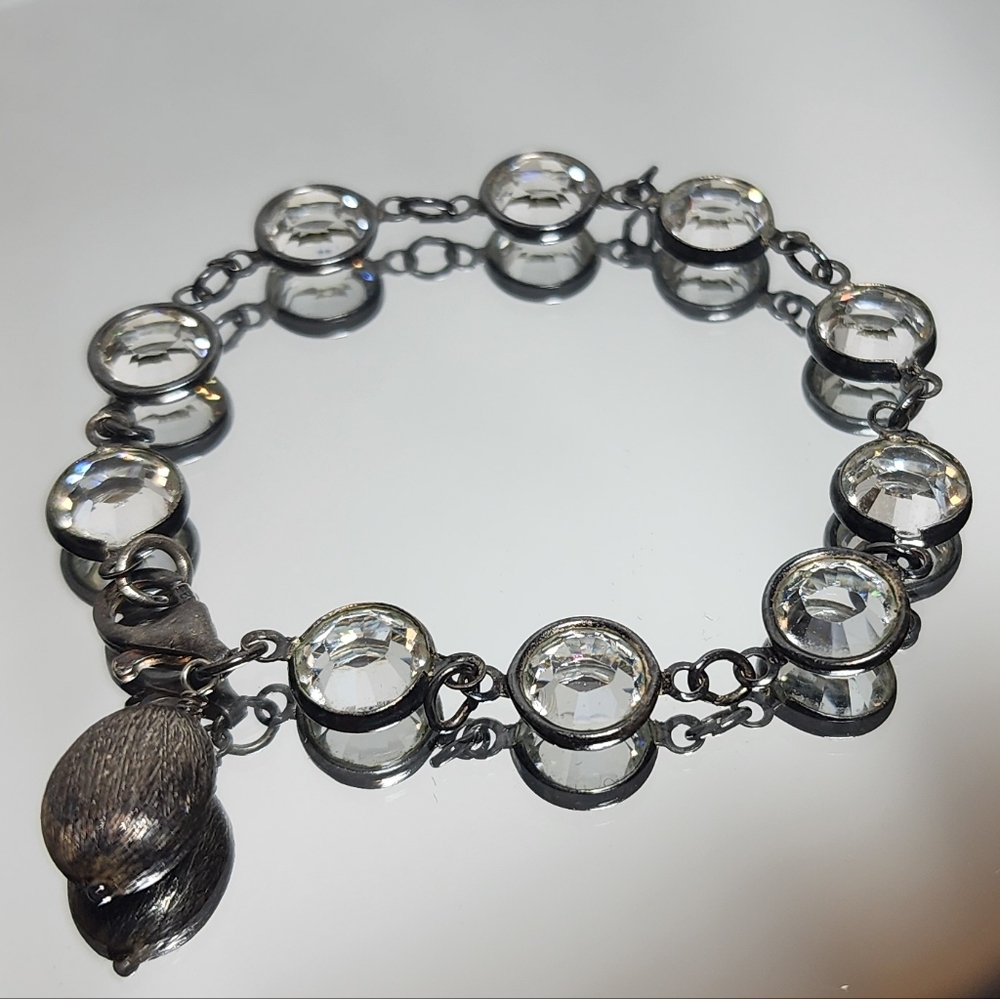 Sterling Silver & Clear Crystal Quartz Bezel Bracelet with Textured Seed Charm